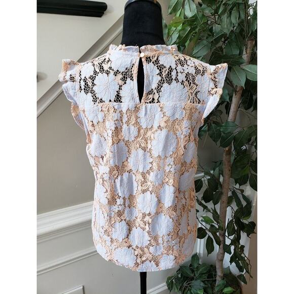 Monteau Women's Beige Floral Nylon Turtleneck Ruffled Sleeveless Top Blouse M - Picture 7 of 11